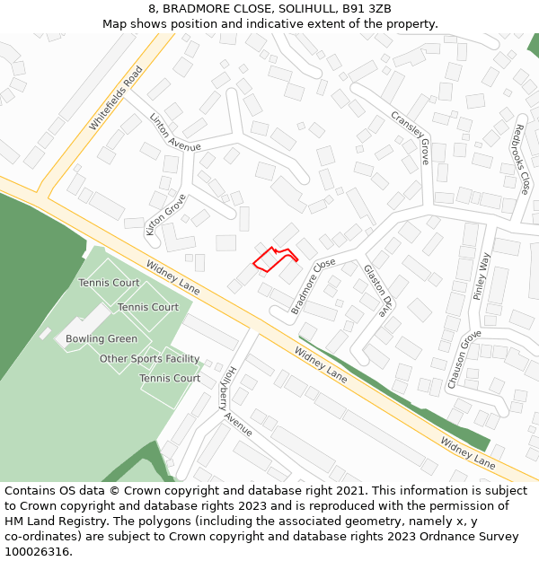 8, BRADMORE CLOSE, SOLIHULL, B91 3ZB: Location map and indicative extent of plot