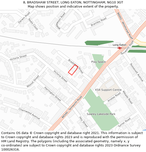 8, BRADSHAW STREET, LONG EATON, NOTTINGHAM, NG10 3GT: Location map and indicative extent of plot