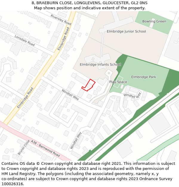 8, BRAEBURN CLOSE, LONGLEVENS, GLOUCESTER, GL2 0NS: Location map and indicative extent of plot