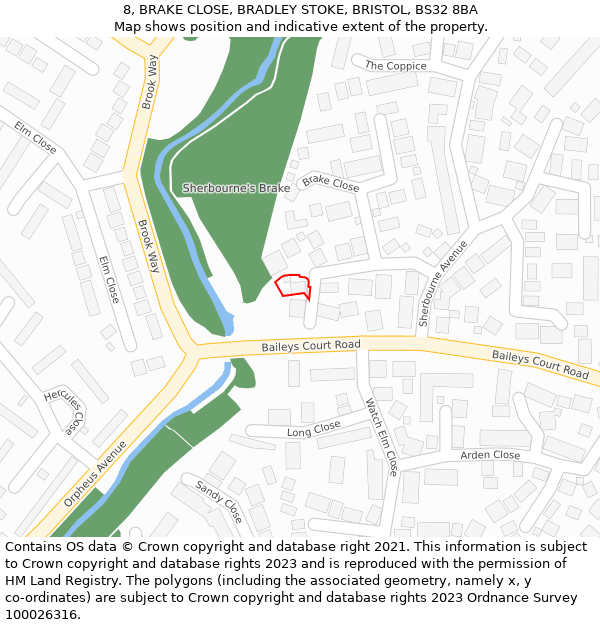8, BRAKE CLOSE, BRADLEY STOKE, BRISTOL, BS32 8BA: Location map and indicative extent of plot