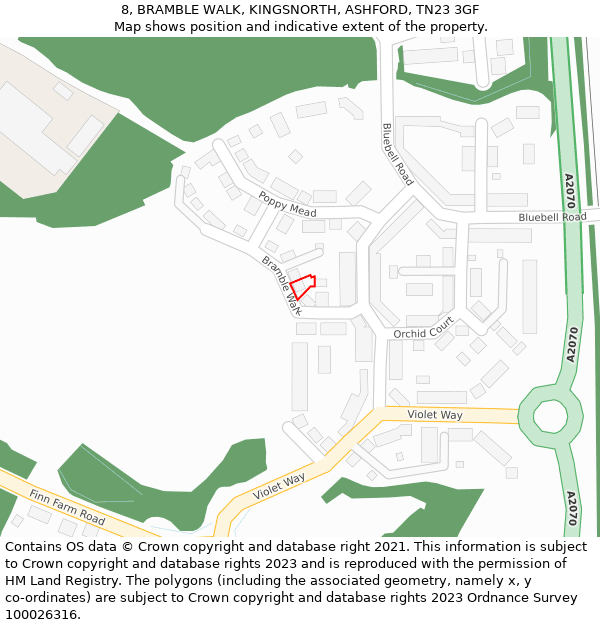 8, BRAMBLE WALK, KINGSNORTH, ASHFORD, TN23 3GF: Location map and indicative extent of plot