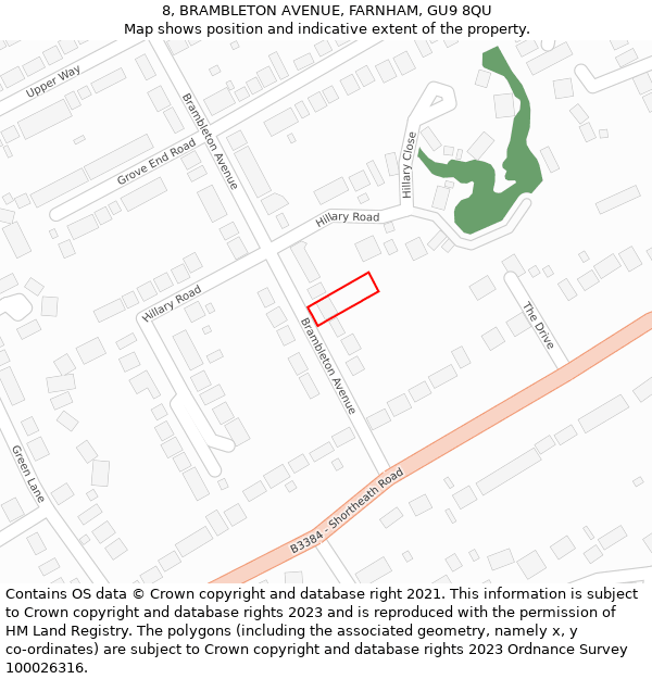 8, BRAMBLETON AVENUE, FARNHAM, GU9 8QU: Location map and indicative extent of plot