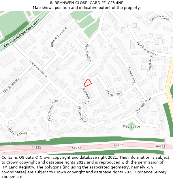 8, BRANWEN CLOSE, CARDIFF, CF5 4NE: Location map and indicative extent of plot