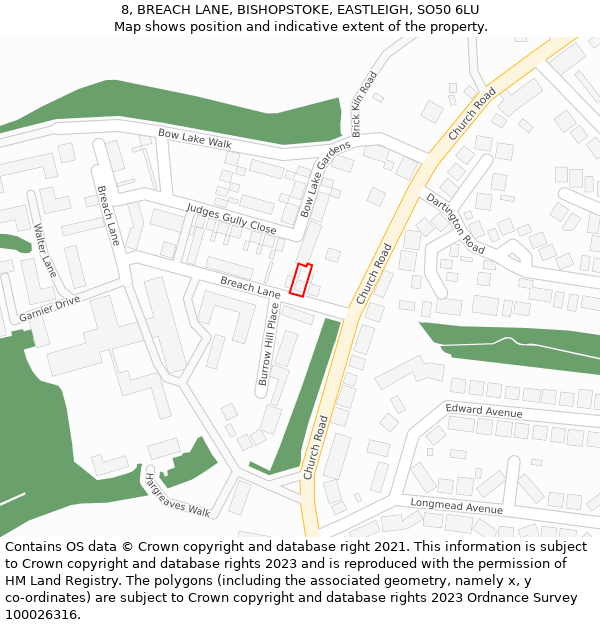 8, BREACH LANE, BISHOPSTOKE, EASTLEIGH, SO50 6LU: Location map and indicative extent of plot