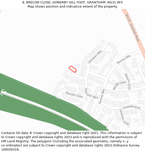 8, BRECON CLOSE, GONERBY HILL FOOT, GRANTHAM, NG31 8FX: Location map and indicative extent of plot