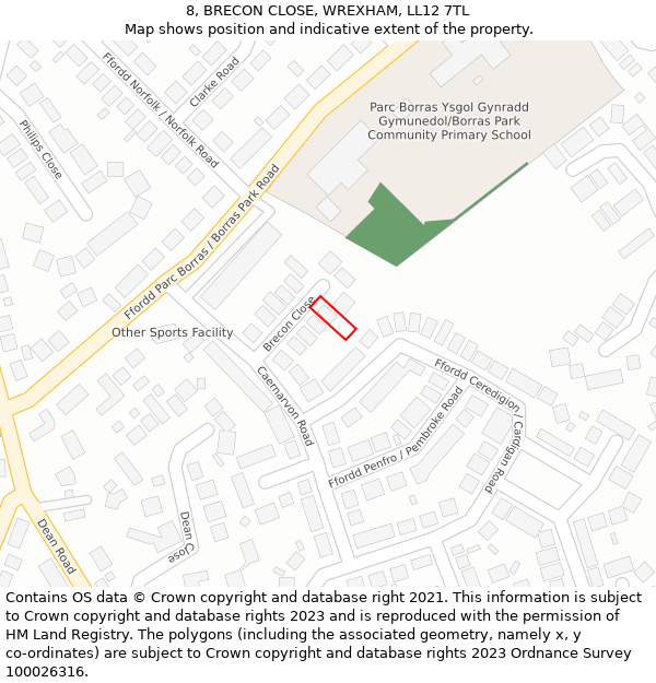 8, BRECON CLOSE, WREXHAM, LL12 7TL: Location map and indicative extent of plot