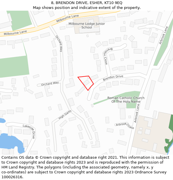 8, BRENDON DRIVE, ESHER, KT10 9EQ: Location map and indicative extent of plot