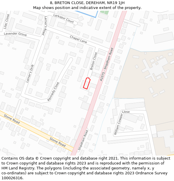 8, BRETON CLOSE, DEREHAM, NR19 1JH: Location map and indicative extent of plot