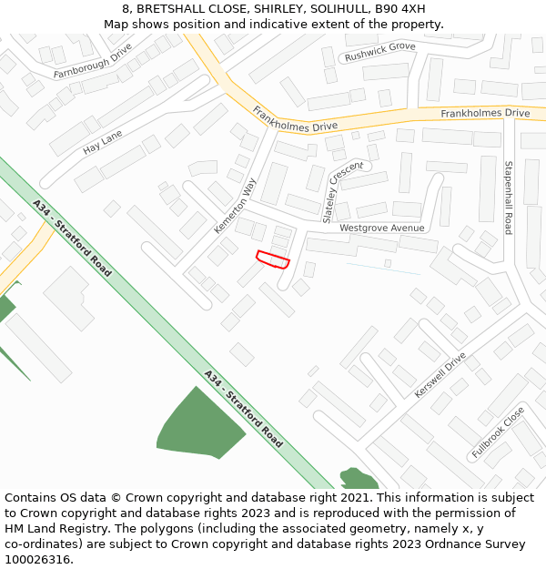 8, BRETSHALL CLOSE, SHIRLEY, SOLIHULL, B90 4XH: Location map and indicative extent of plot