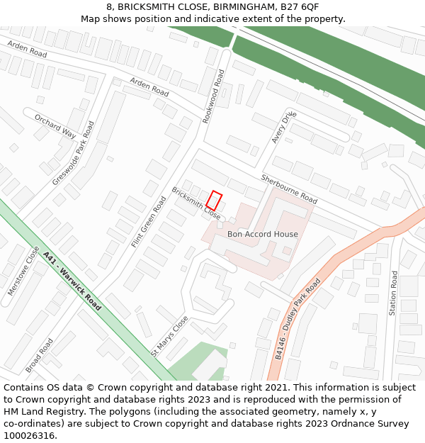 8, BRICKSMITH CLOSE, BIRMINGHAM, B27 6QF: Location map and indicative extent of plot