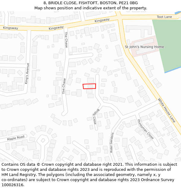 8, BRIDLE CLOSE, FISHTOFT, BOSTON, PE21 0BG: Location map and indicative extent of plot