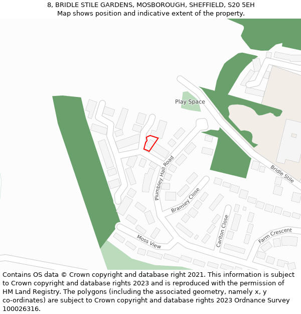 8, BRIDLE STILE GARDENS, MOSBOROUGH, SHEFFIELD, S20 5EH: Location map and indicative extent of plot