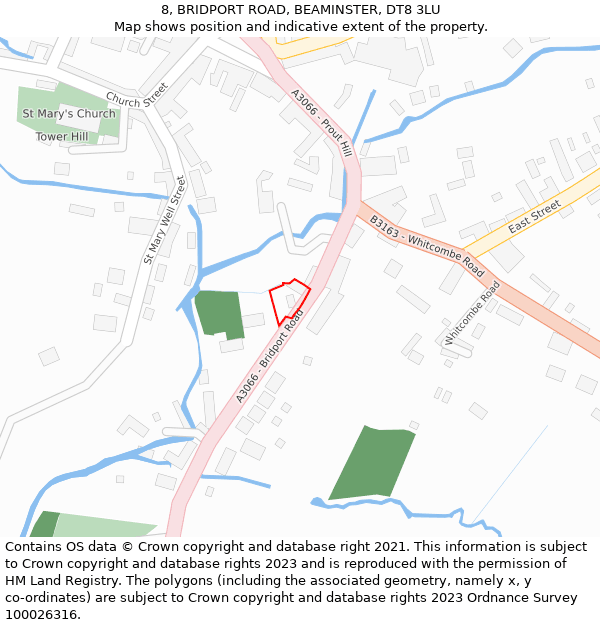 8, BRIDPORT ROAD, BEAMINSTER, DT8 3LU: Location map and indicative extent of plot