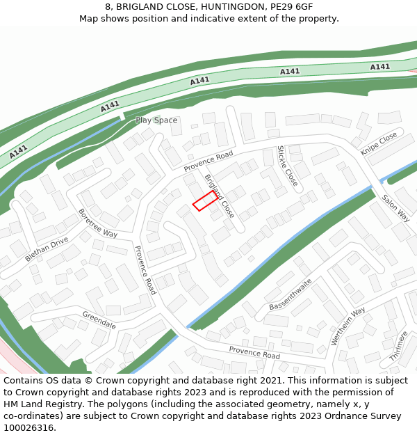 8, BRIGLAND CLOSE, HUNTINGDON, PE29 6GF: Location map and indicative extent of plot