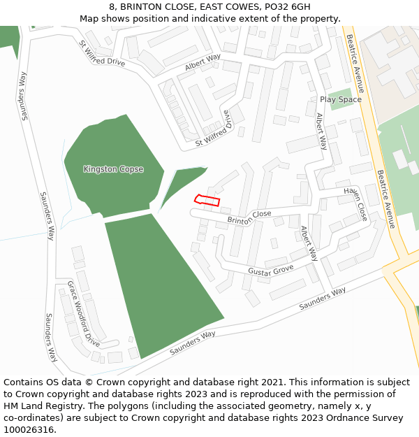 8, BRINTON CLOSE, EAST COWES, PO32 6GH: Location map and indicative extent of plot