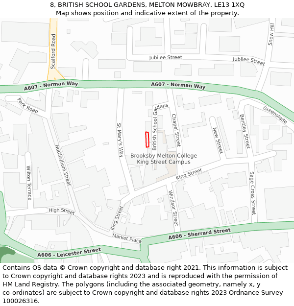 8, BRITISH SCHOOL GARDENS, MELTON MOWBRAY, LE13 1XQ: Location map and indicative extent of plot