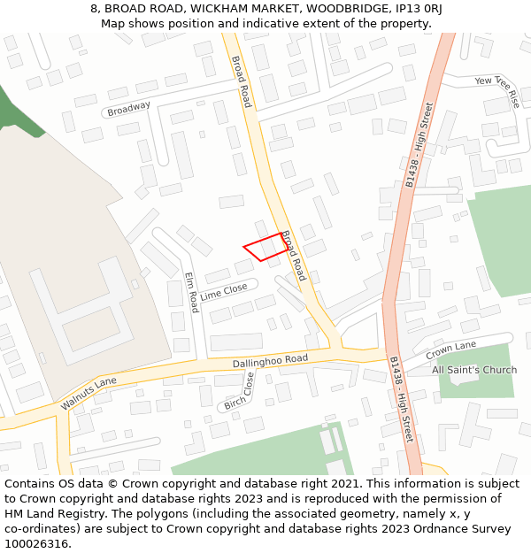 8, BROAD ROAD, WICKHAM MARKET, WOODBRIDGE, IP13 0RJ: Location map and indicative extent of plot