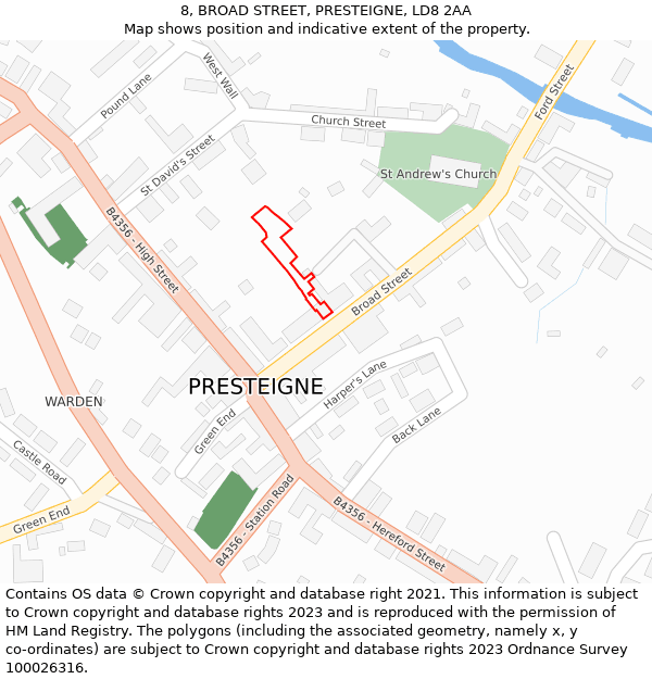 8, BROAD STREET, PRESTEIGNE, LD8 2AA: Location map and indicative extent of plot