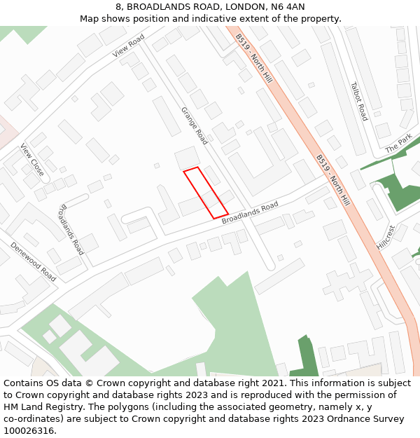 8, BROADLANDS ROAD, LONDON, N6 4AN: Location map and indicative extent of plot