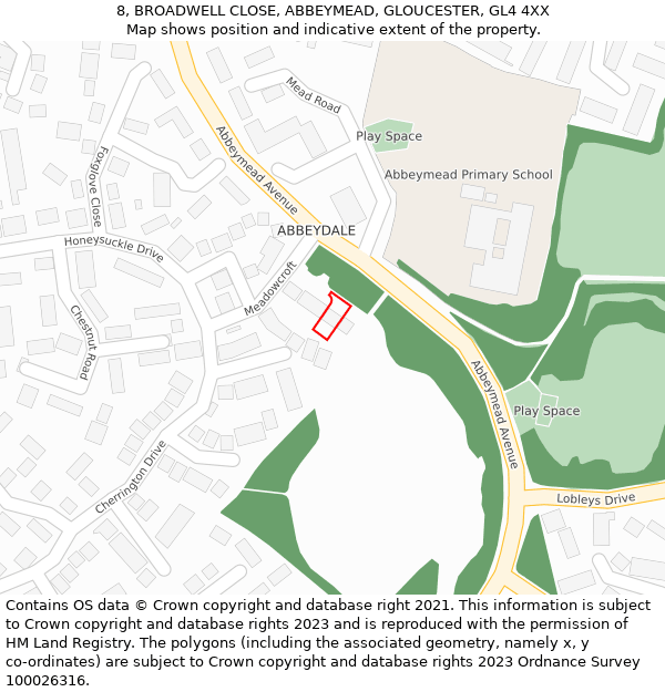 8, BROADWELL CLOSE, ABBEYMEAD, GLOUCESTER, GL4 4XX: Location map and indicative extent of plot