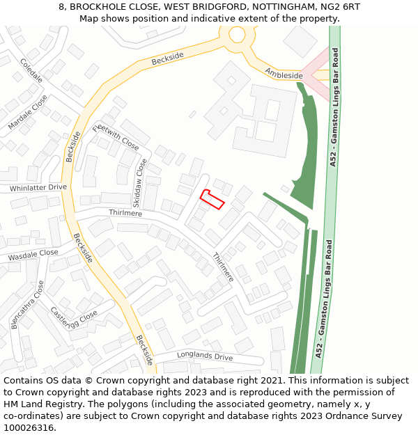 8, BROCKHOLE CLOSE, WEST BRIDGFORD, NOTTINGHAM, NG2 6RT: Location map and indicative extent of plot