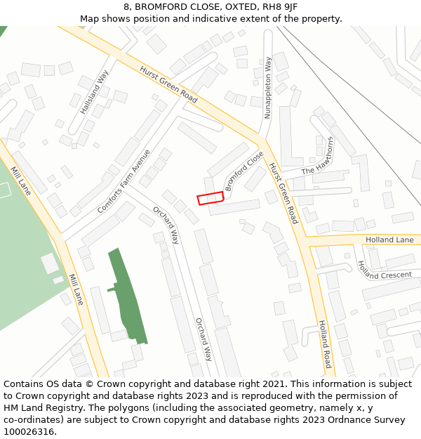 8, BROMFORD CLOSE, OXTED, RH8 9JF: Location map and indicative extent of plot