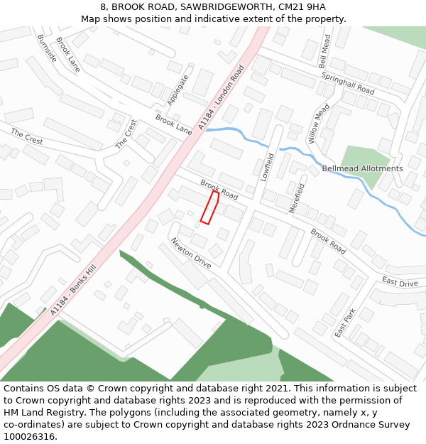 8, BROOK ROAD, SAWBRIDGEWORTH, CM21 9HA: Location map and indicative extent of plot