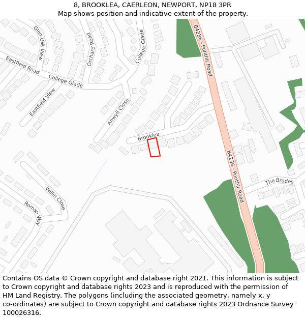 8, BROOKLEA, CAERLEON, NEWPORT, NP18 3PR: Location map and indicative extent of plot