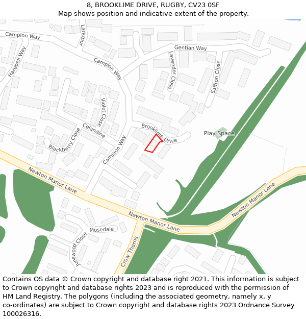 8, BROOKLIME DRIVE, RUGBY, CV23 0SF: Location map and indicative extent of plot