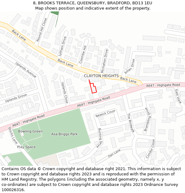 8, BROOKS TERRACE, QUEENSBURY, BRADFORD, BD13 1EU: Location map and indicative extent of plot