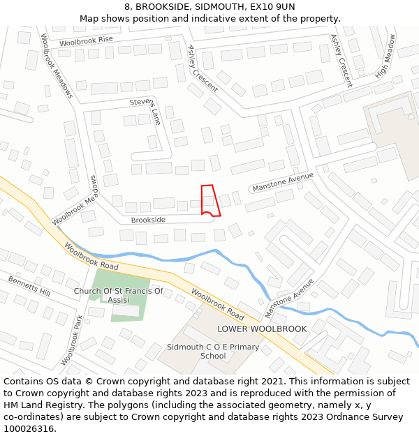 8, BROOKSIDE, SIDMOUTH, EX10 9UN: Location map and indicative extent of plot