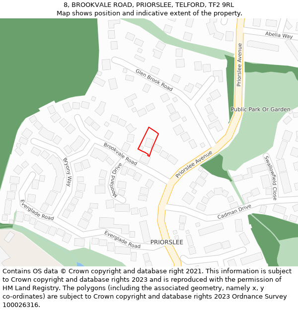 8, BROOKVALE ROAD, PRIORSLEE, TELFORD, TF2 9RL: Location map and indicative extent of plot
