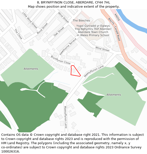 8, BRYNFFYNON CLOSE, ABERDARE, CF44 7HL: Location map and indicative extent of plot