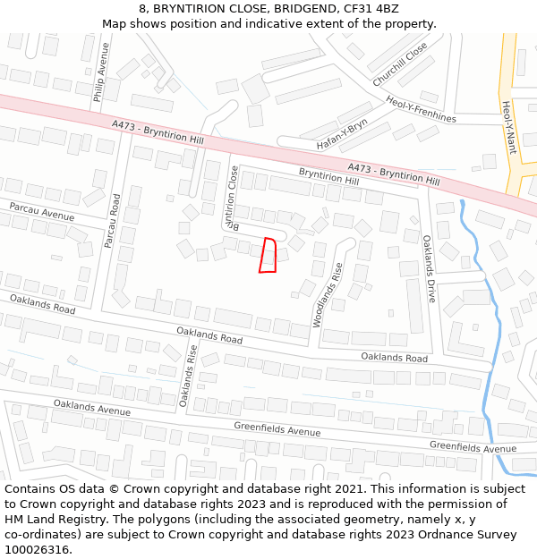 8, BRYNTIRION CLOSE, BRIDGEND, CF31 4BZ: Location map and indicative extent of plot