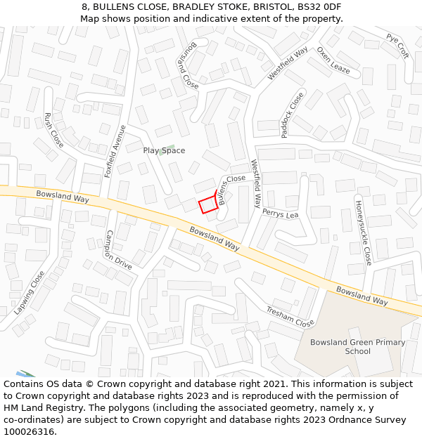 8, BULLENS CLOSE, BRADLEY STOKE, BRISTOL, BS32 0DF: Location map and indicative extent of plot