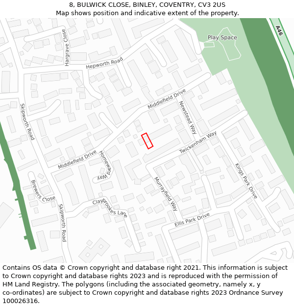 8, BULWICK CLOSE, BINLEY, COVENTRY, CV3 2US: Location map and indicative extent of plot