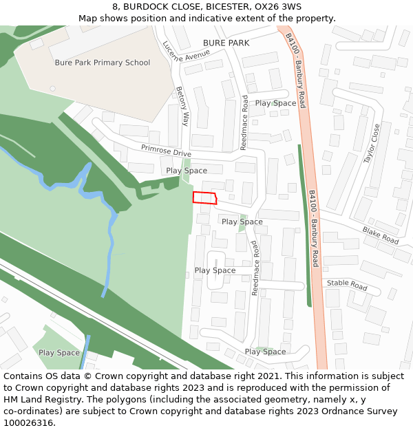 8, BURDOCK CLOSE, BICESTER, OX26 3WS: Location map and indicative extent of plot