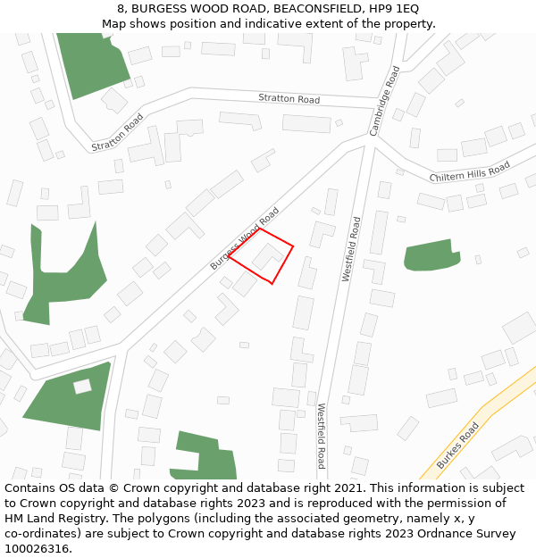 8, BURGESS WOOD ROAD, BEACONSFIELD, HP9 1EQ: Location map and indicative extent of plot