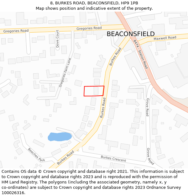 8, BURKES ROAD, BEACONSFIELD, HP9 1PB: Location map and indicative extent of plot