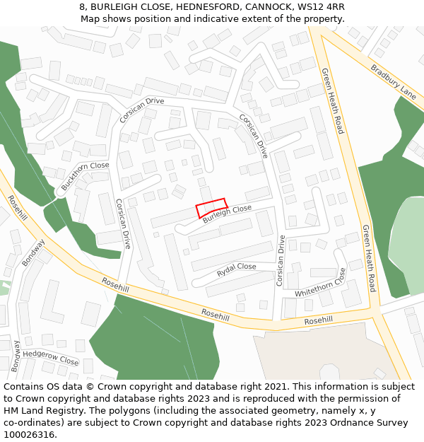 8, BURLEIGH CLOSE, HEDNESFORD, CANNOCK, WS12 4RR: Location map and indicative extent of plot
