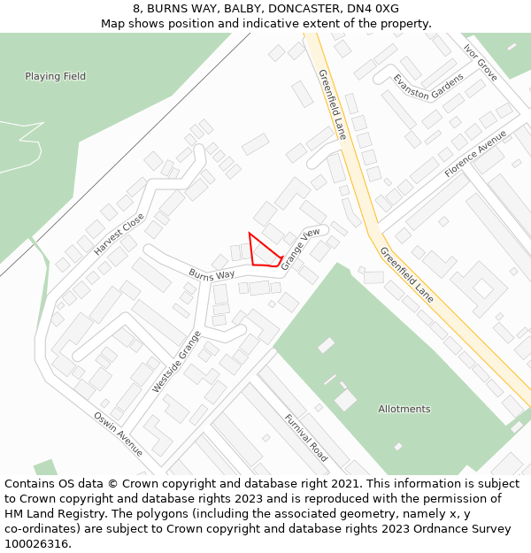 8, BURNS WAY, BALBY, DONCASTER, DN4 0XG: Location map and indicative extent of plot