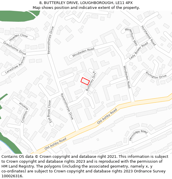 8, BUTTERLEY DRIVE, LOUGHBOROUGH, LE11 4PX: Location map and indicative extent of plot