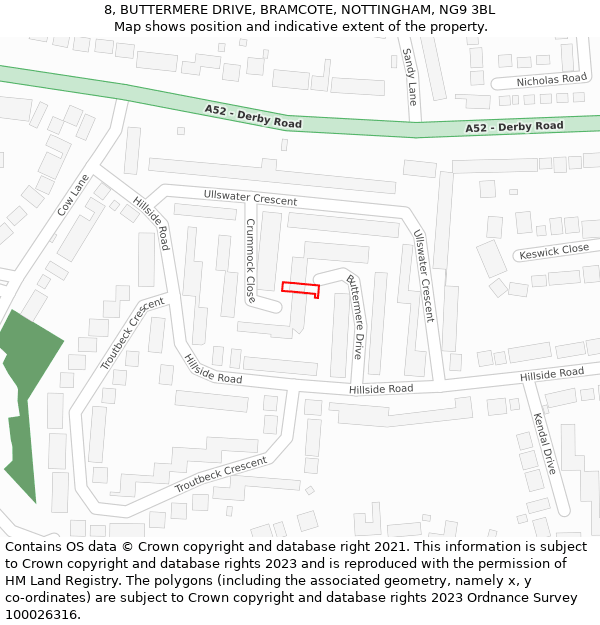 8, BUTTERMERE DRIVE, BRAMCOTE, NOTTINGHAM, NG9 3BL: Location map and indicative extent of plot