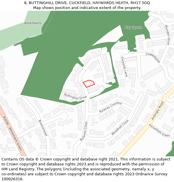 8, BUTTINGHILL DRIVE, CUCKFIELD, HAYWARDS HEATH, RH17 5GQ: Location map and indicative extent of plot