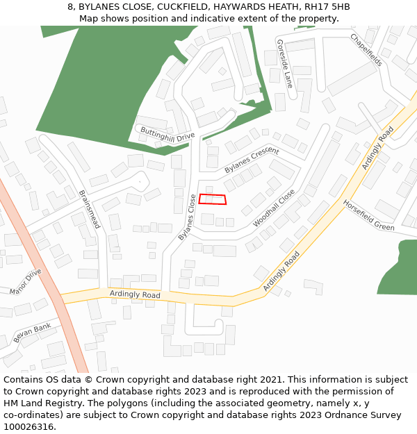 8, BYLANES CLOSE, CUCKFIELD, HAYWARDS HEATH, RH17 5HB: Location map and indicative extent of plot