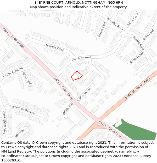 8, BYRNE COURT, ARNOLD, NOTTINGHAM, NG5 6RN: Location map and indicative extent of plot