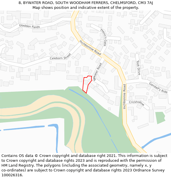 8, BYWATER ROAD, SOUTH WOODHAM FERRERS, CHELMSFORD, CM3 7AJ: Location map and indicative extent of plot