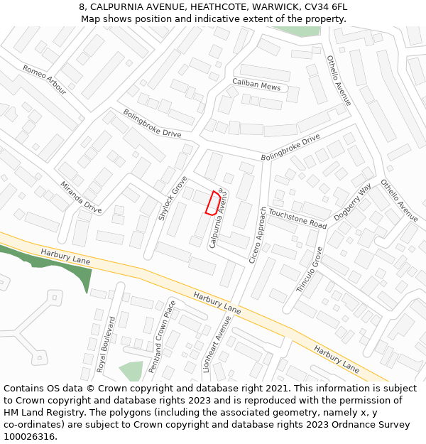 8, CALPURNIA AVENUE, HEATHCOTE, WARWICK, CV34 6FL: Location map and indicative extent of plot