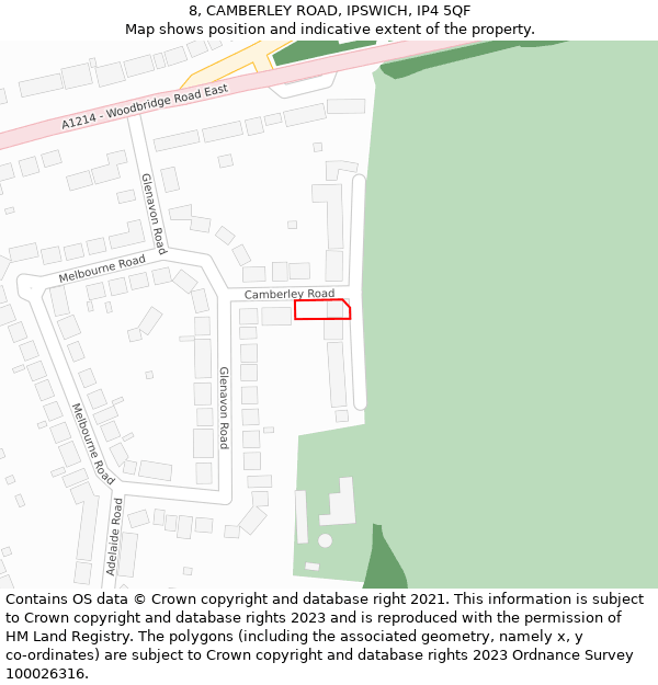 8, CAMBERLEY ROAD, IPSWICH, IP4 5QF: Location map and indicative extent of plot