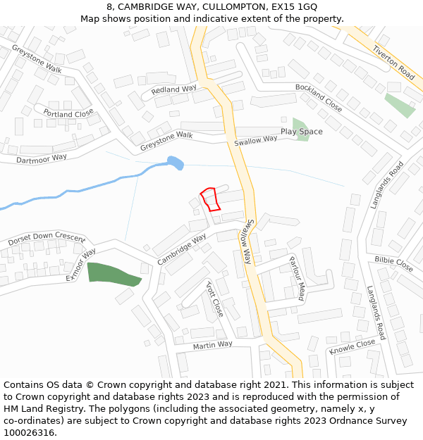 8, CAMBRIDGE WAY, CULLOMPTON, EX15 1GQ: Location map and indicative extent of plot